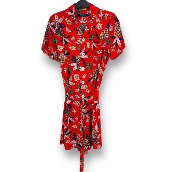 Polo Ralph Lauren Belted One Piece Shorts Romper Womens 6 Red Pineapple Print - Picture 1 of 12